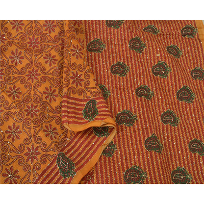Sanskriti Vintage Saffron Sarees 100% Pure Silk Hand Beaded Kantha Sari Sustainable Fabric