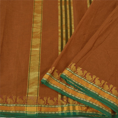 Sanskriti Vintage Orange Sarees 100% Pure Cotton Woven Zari Peacock Sari Sustainable Fabric