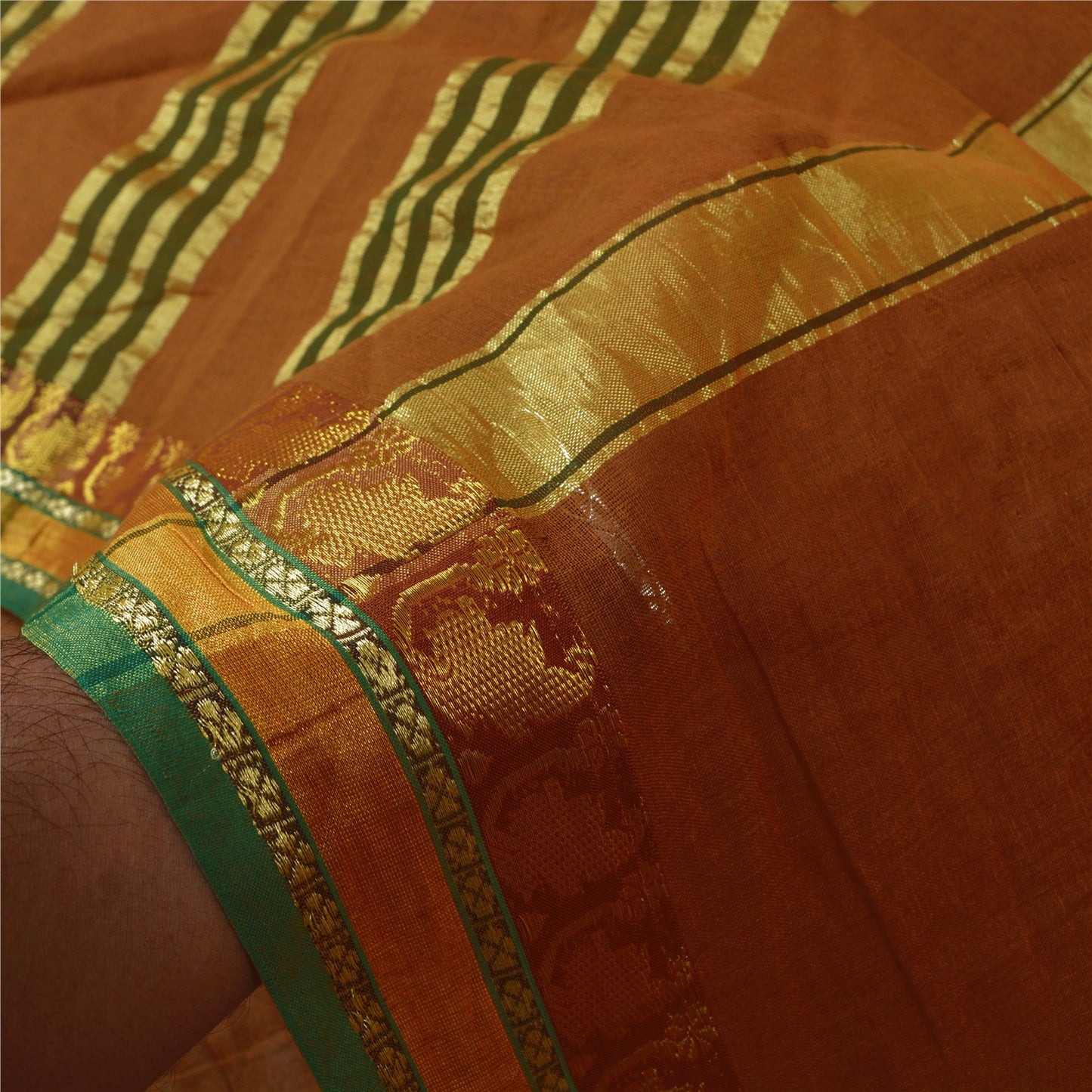Sanskriti Vintage Orange Sarees 100% Pure Cotton Woven Zari Peacock Sari Sustainable Fabric