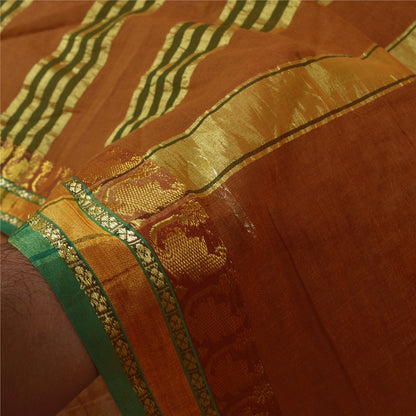 Sanskriti Vintage Orange Sarees 100% Pure Cotton Woven Zari Peacock Sari Sustainable Fabric
