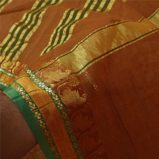 Sanskriti Vintage Orange Sarees 100% Pure Cotton Woven Zari Peacock Sari Sustainable Fabric