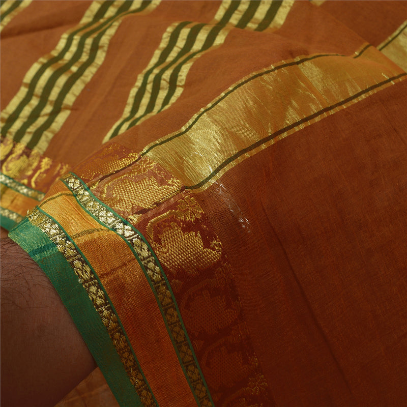 Sanskriti Vintage Orange Sarees 100% Ren Bomuld Vævet Zari Påfuglesari Bæredygtigt Stof
