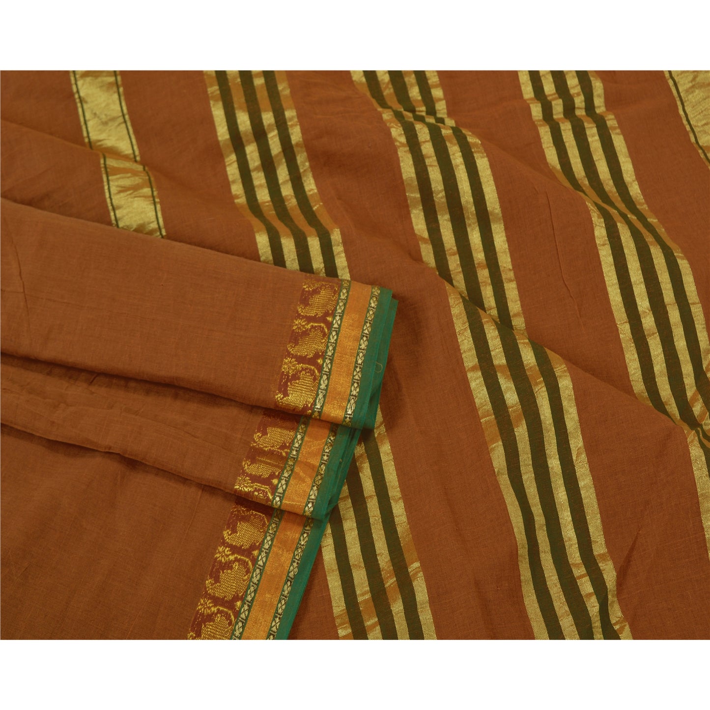 Sanskriti Vintage Orange Sarees 100% Pure Cotton Woven Zari Peacock Sari Sustainable Fabric
