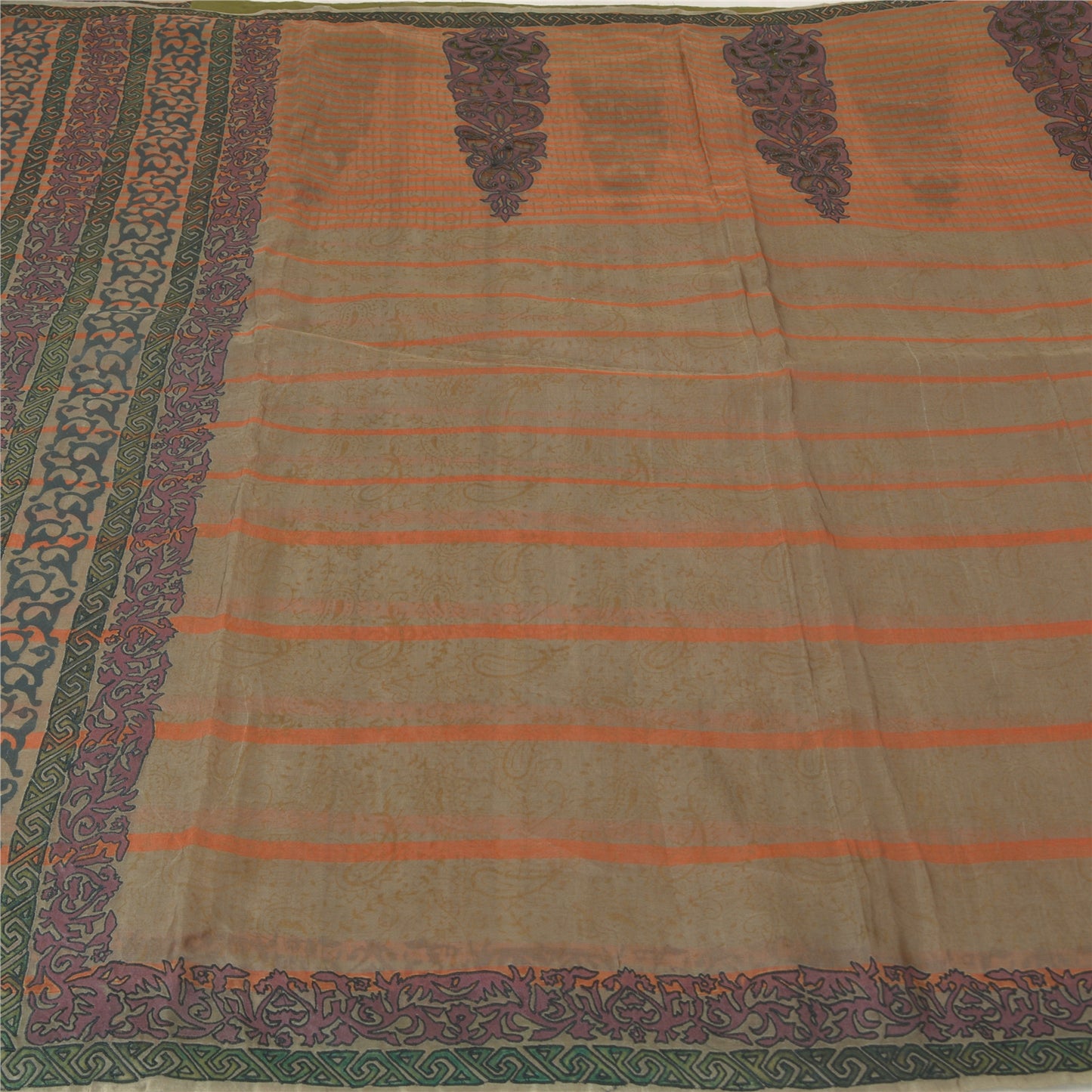 Sanskriti Vintage Brown Sarees Pure Silk Embroidered Block Printed Sari Sustainable Fabric