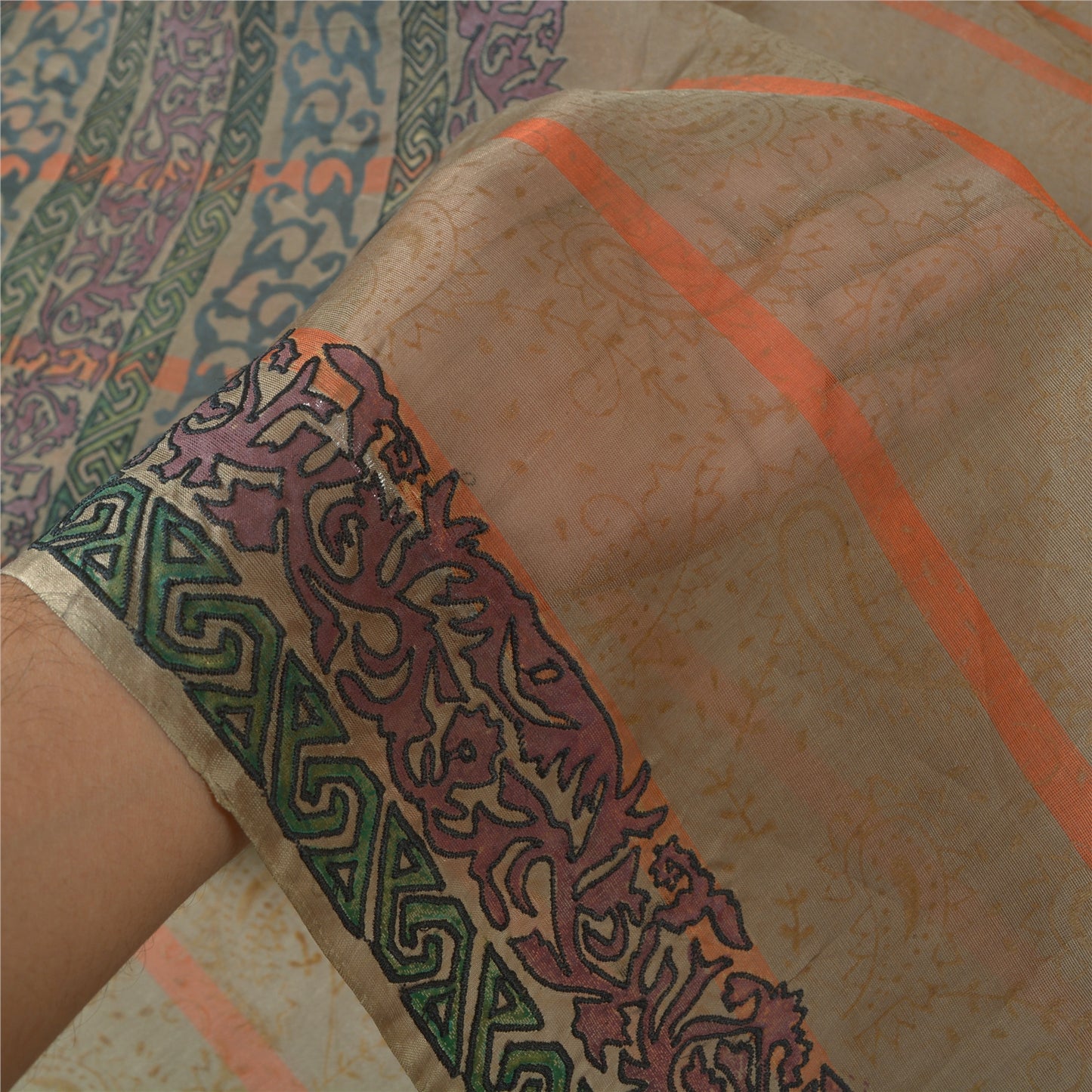 Sanskriti Vintage Brown Sarees Pure Silk Embroidered Block Printed Sari Sustainable Fabric