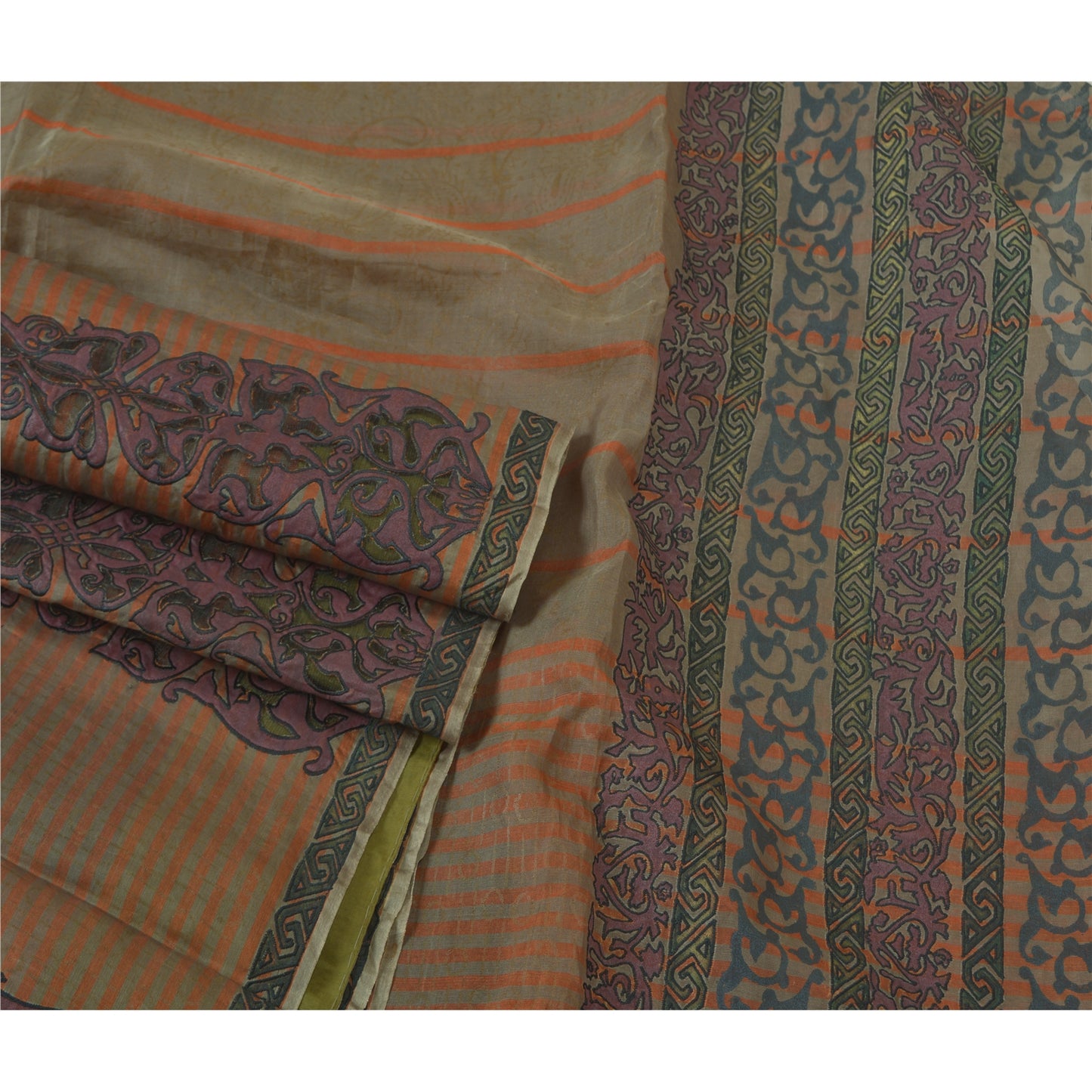 Sanskriti Vintage Brown Sarees Pure Silk Embroidered Block Printed Sari Sustainable Fabric