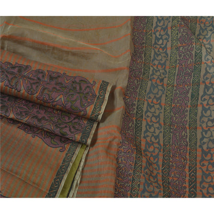 Sanskriti Vintage Brown Sarees Pure Silk Embroidered Block Printed Sari Sustainable Fabric