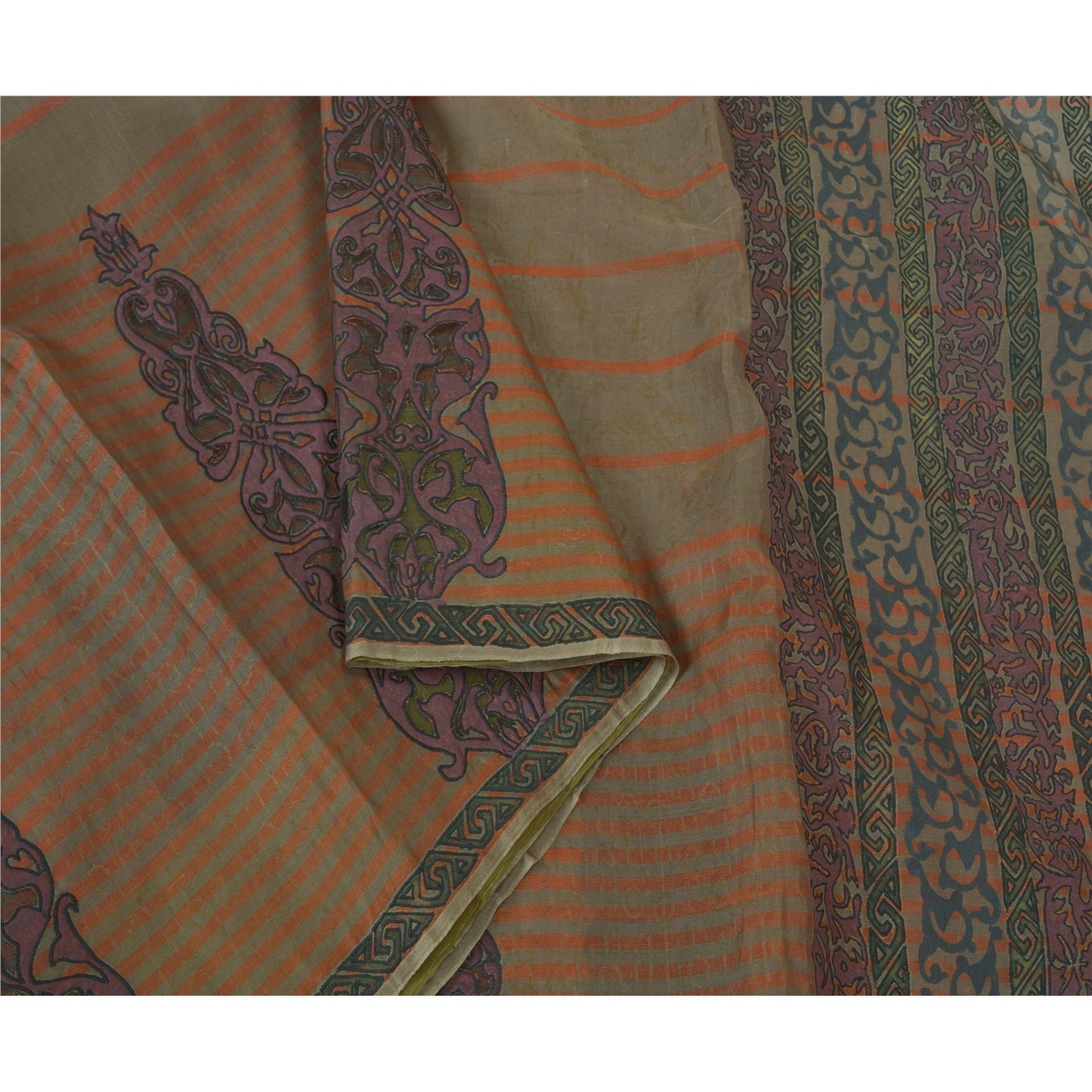 Sanskriti Vintage Brown Sarees Pure Silk Embroidered Block Printed Sari Sustainable Fabric