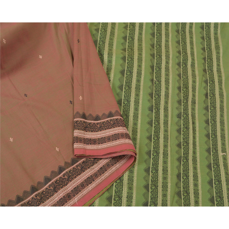 Sanskriti Vintage Sari Blend Cotton Saree Brown & Green Woven Floral Soft 5yd Craft Fabric Boho Quilting Material For DIY Projects