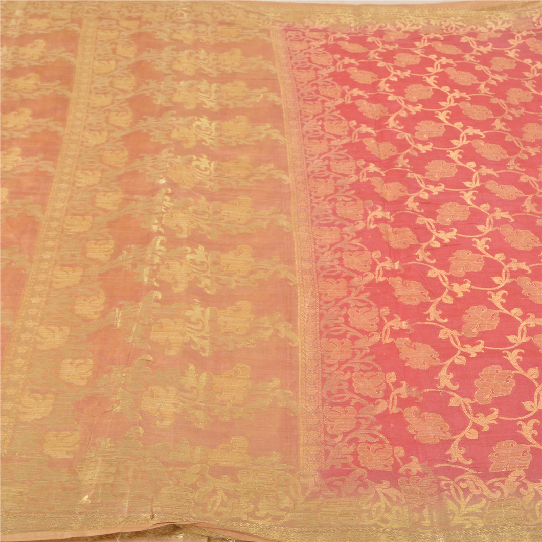 Sanskriti Vintage Sarees Indian Pink Hand Woven Pure Silk Sari 5yd Craft Fabric