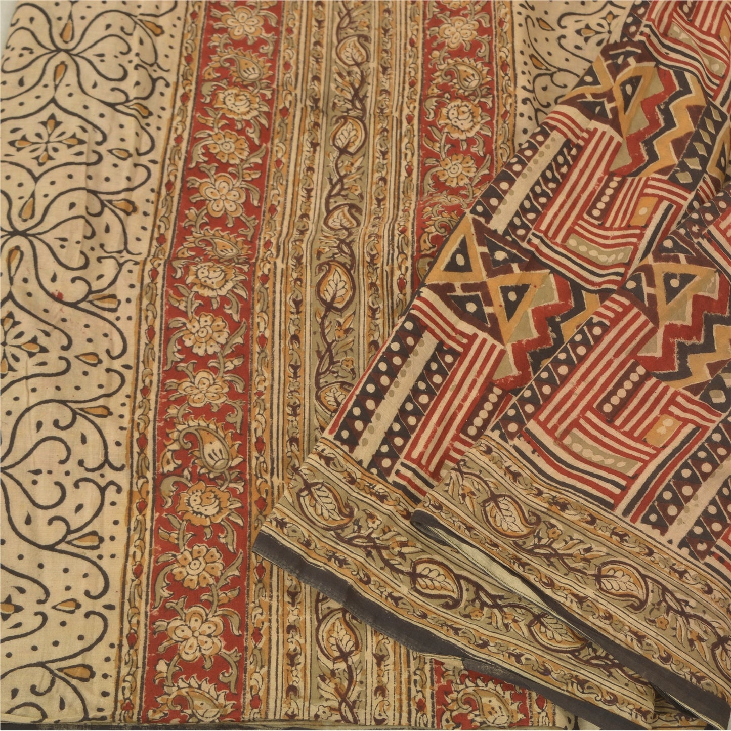 Sanskriti Vintage Sarees Red Hand Block Kalamkari Pure Cotton Sari Craft Sustainable Fabric