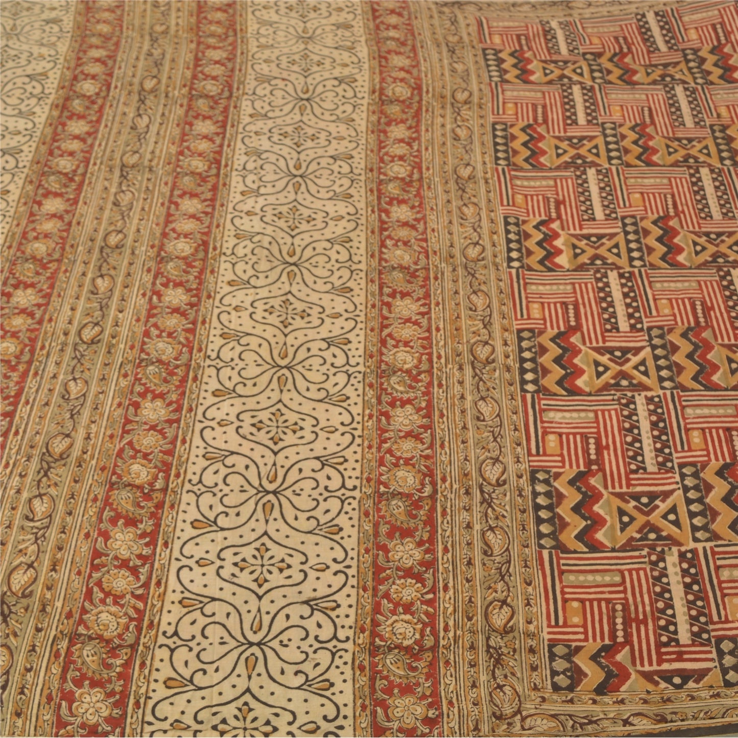 Sanskriti Vintage Sarees Red Hand Block Kalamkari Pure Cotton Sari Craft Sustainable Fabric