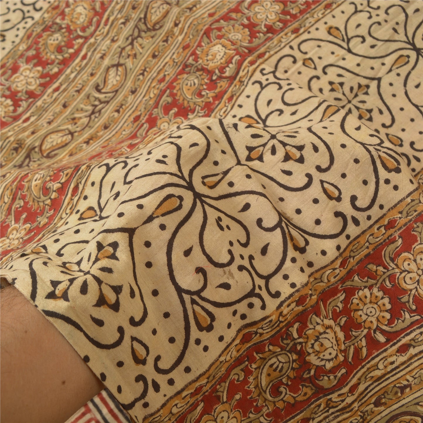 Sanskriti Vintage Sarees Red Hand Block Kalamkari Pure Cotton Sari Craft Sustainable Fabric