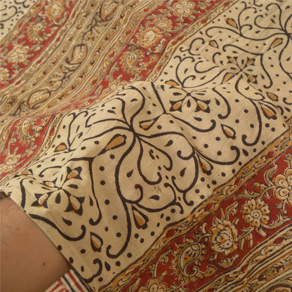 Sanskriti Vintage Sarees Red Hand Block Kalamkari Pure Cotton Sari Craft Sustainable Fabric
