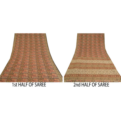 Sanskriti Vintage Sarees Red Hand Block Kalamkari Pure Cotton Sari Craft Sustainable Fabric