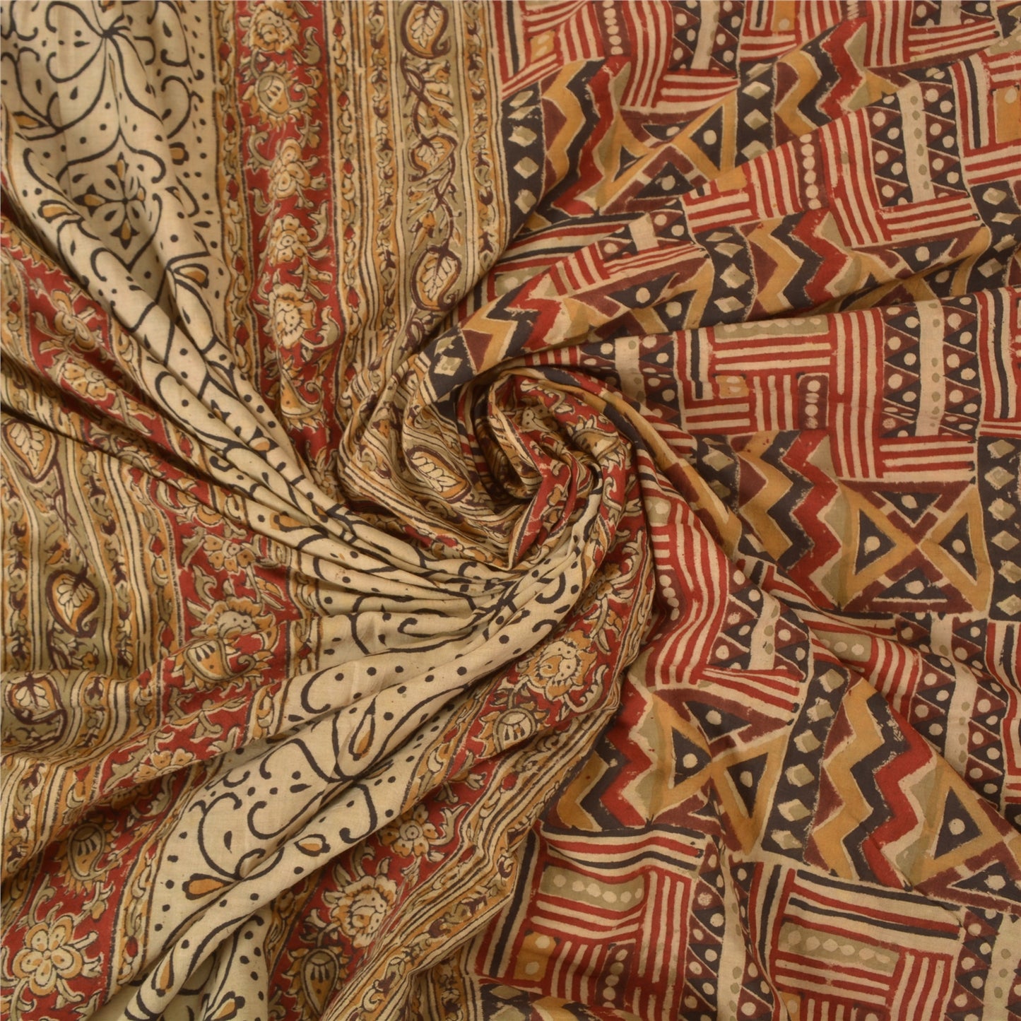 Sanskriti Vintage Sarees Red Hand Block Kalamkari Pure Cotton Sari Craft Sustainable Fabric
