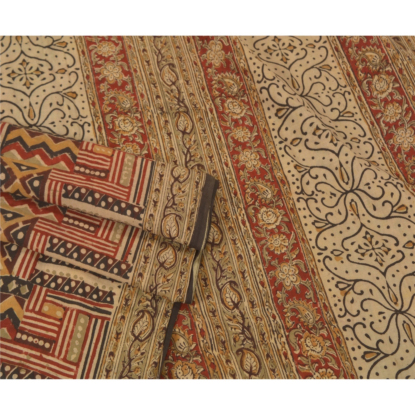 Sanskriti Vintage Sarees Red Hand Block Kalamkari Pure Cotton Sari Craft Sustainable Fabric