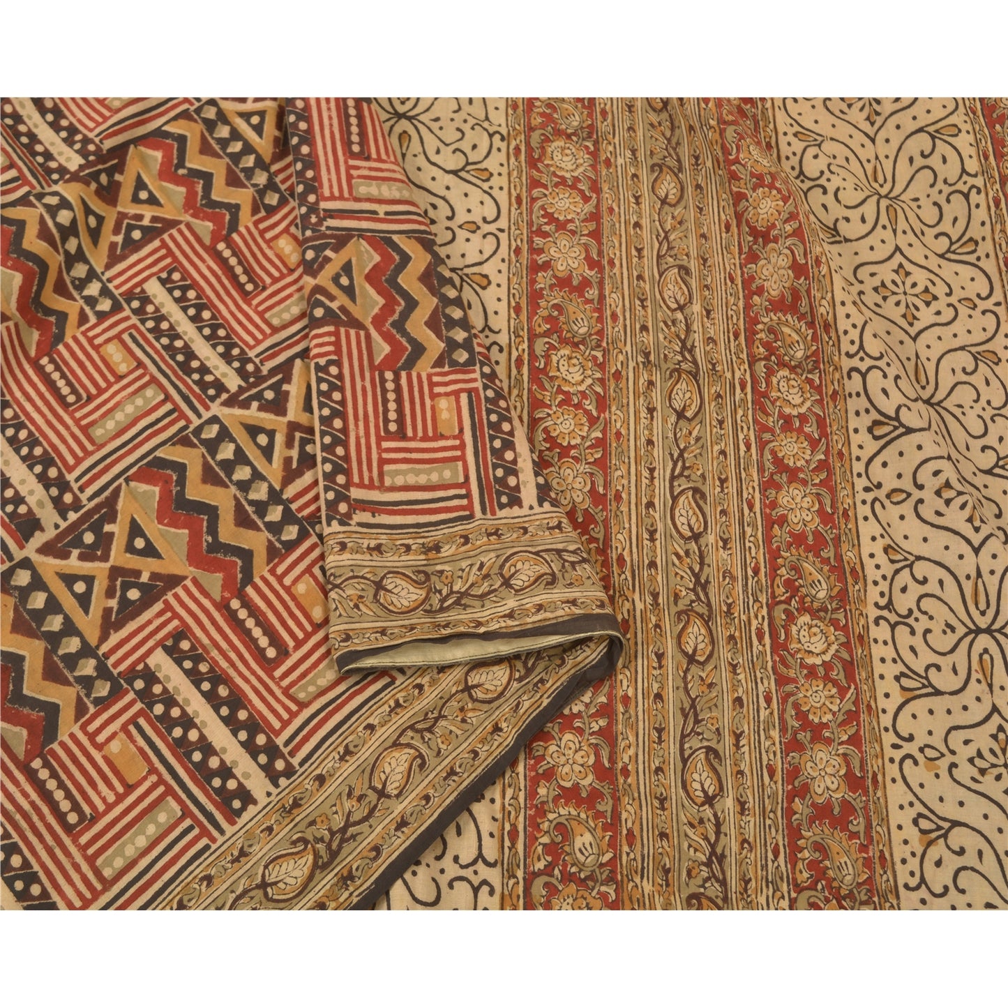 Sanskriti Vintage Sarees Red Hand Block Kalamkari Pure Cotton Sari Craft Sustainable Fabric