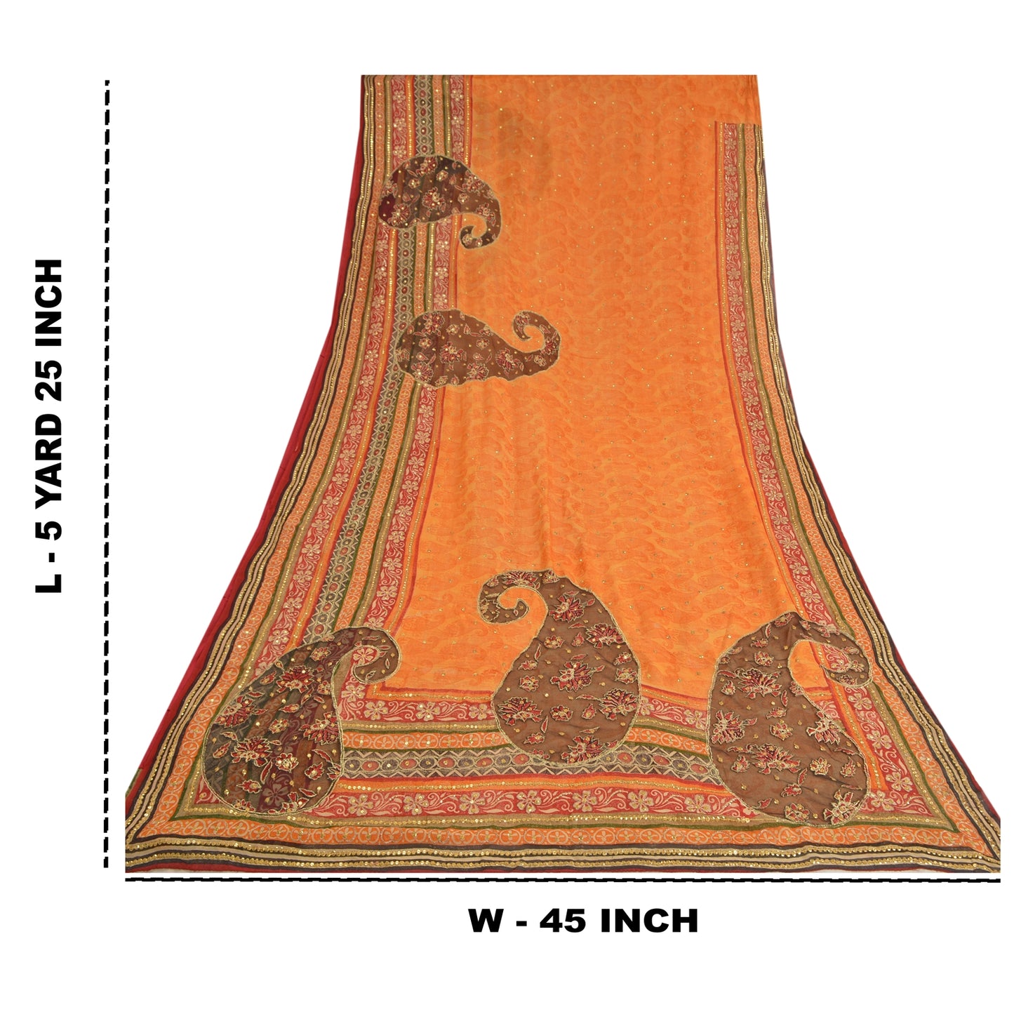 Sanskriti Vintage Sarees Orange Hand Beads Pure Georgette Silk Sari Craft Sustainable Fabric