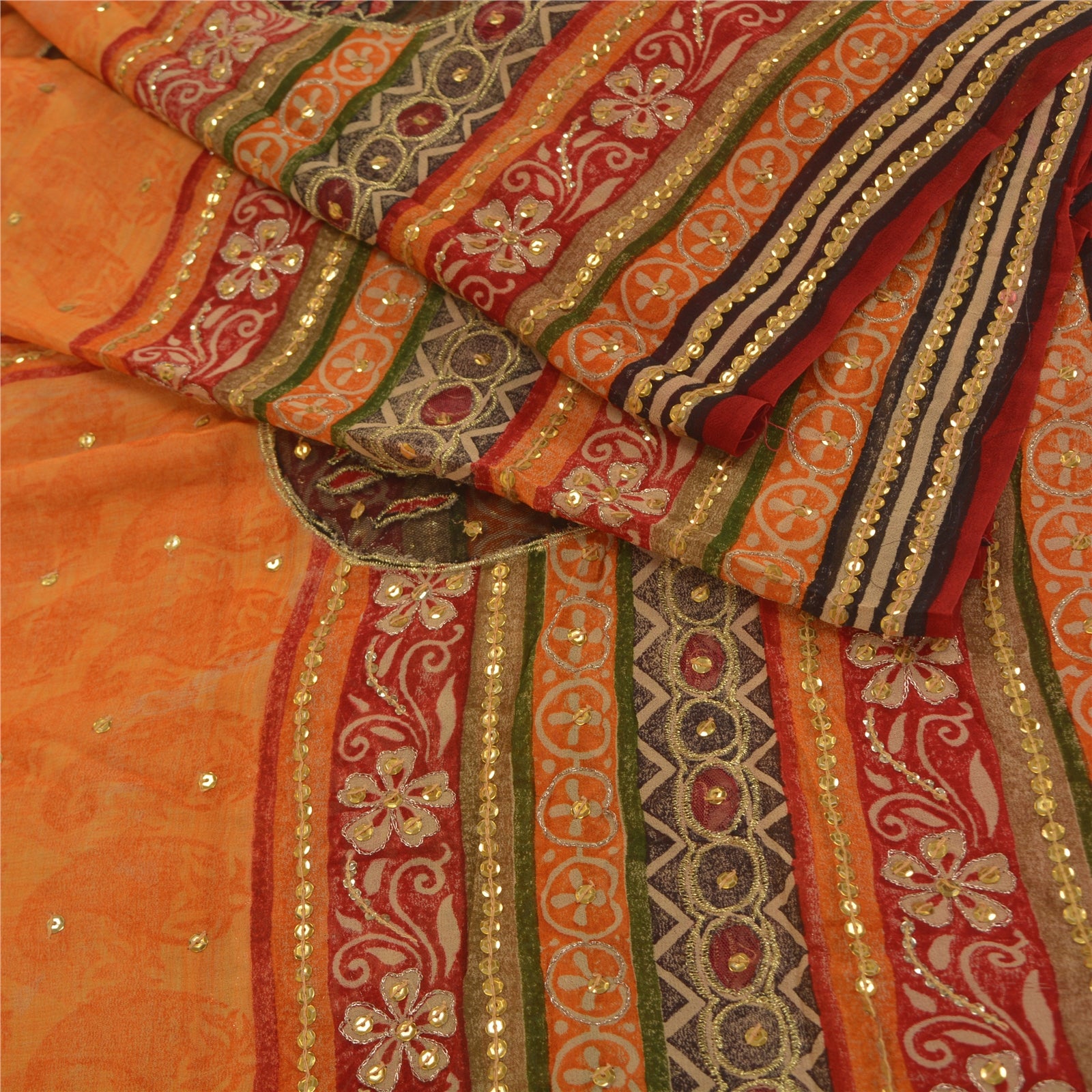 Sanskriti Vintage Sarees Orange Håndperler Ren Georgette Silke Sari Håndværk Bæredygtigt Stof