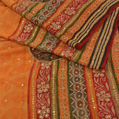 Sanskriti Vintage Sarees Orange Hand Beads Pure Georgette Silk Sari Craft Sustainable Fabric