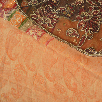 Sanskriti Vintage Sarees Orange Hand Beads Pure Georgette Silk Sari Craft Sustainable Fabric