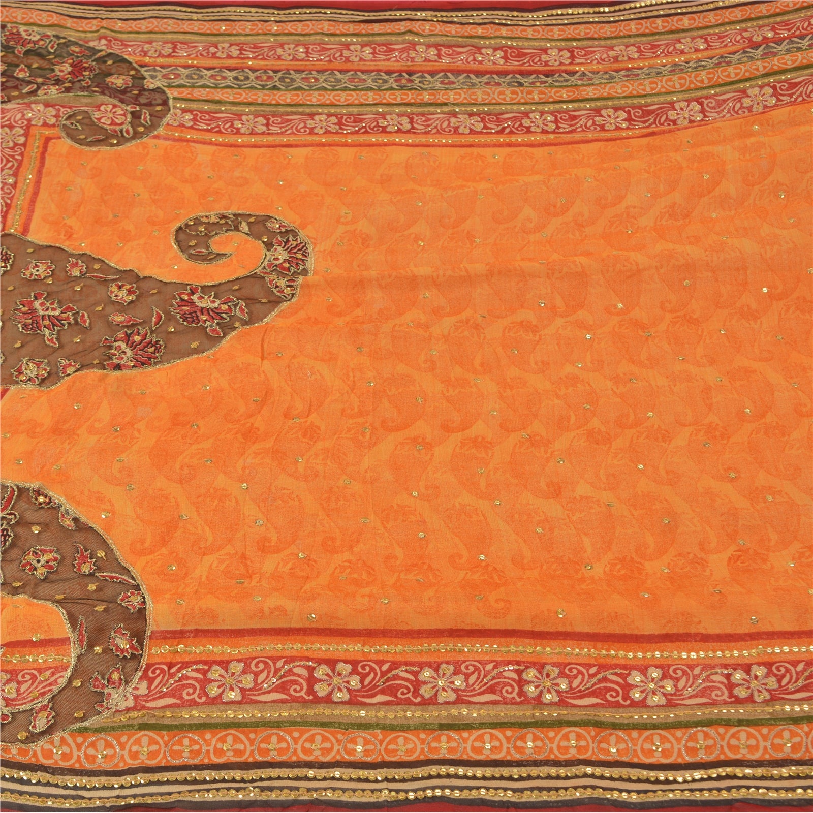 Sanskriti Vintage Sarees Orange Håndperler Ren Georgette Silke Sari Håndværk Bæredygtigt Stof