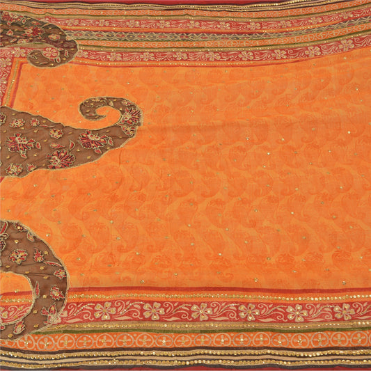 Sanskriti Vintage Sarees Orange Hand Beads Pure Georgette Silk Sari Craft Sustainable Fabric