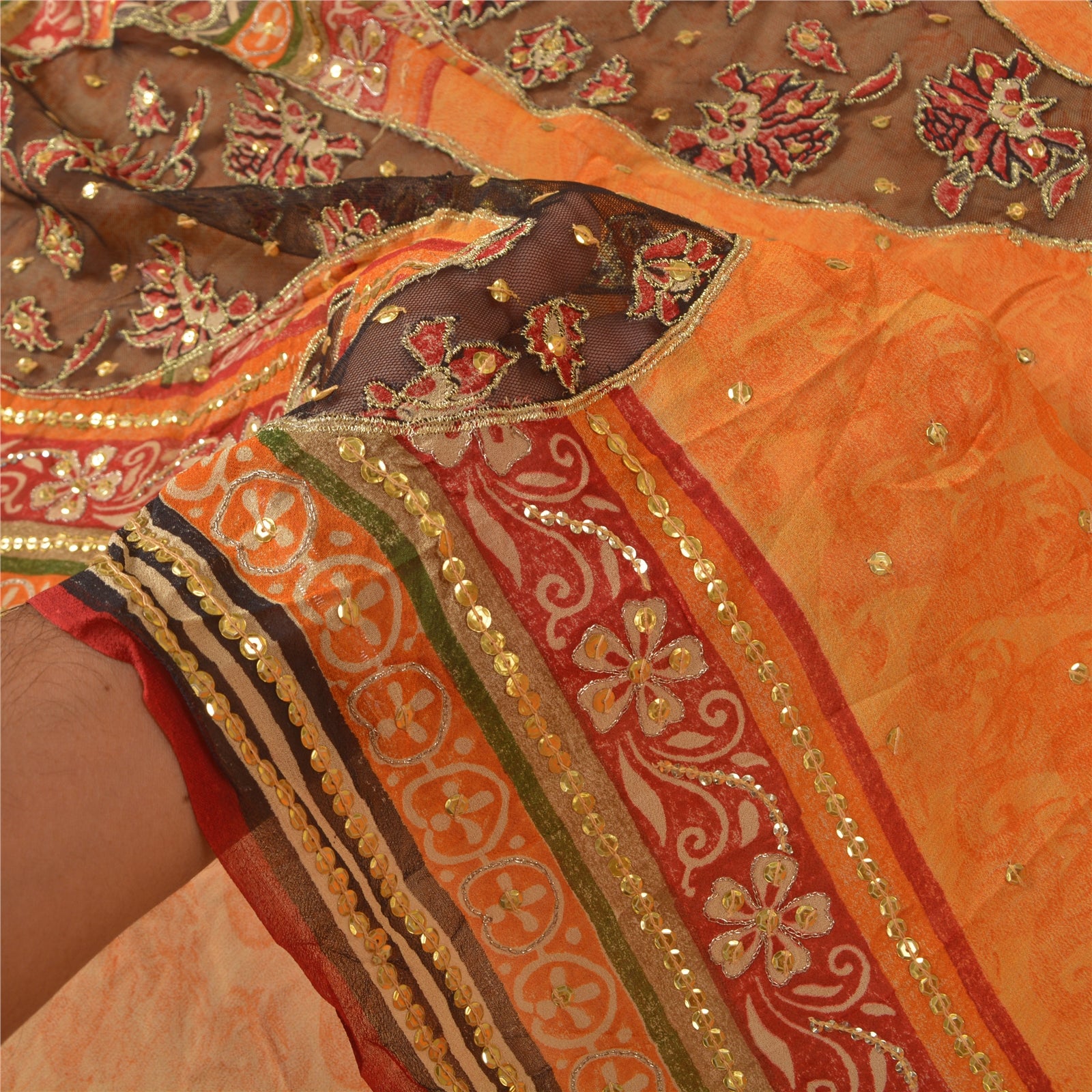 Sanskriti Vintage Sarees Orange Håndperler Ren Georgette Silke Sari Håndværk Bæredygtigt Stof