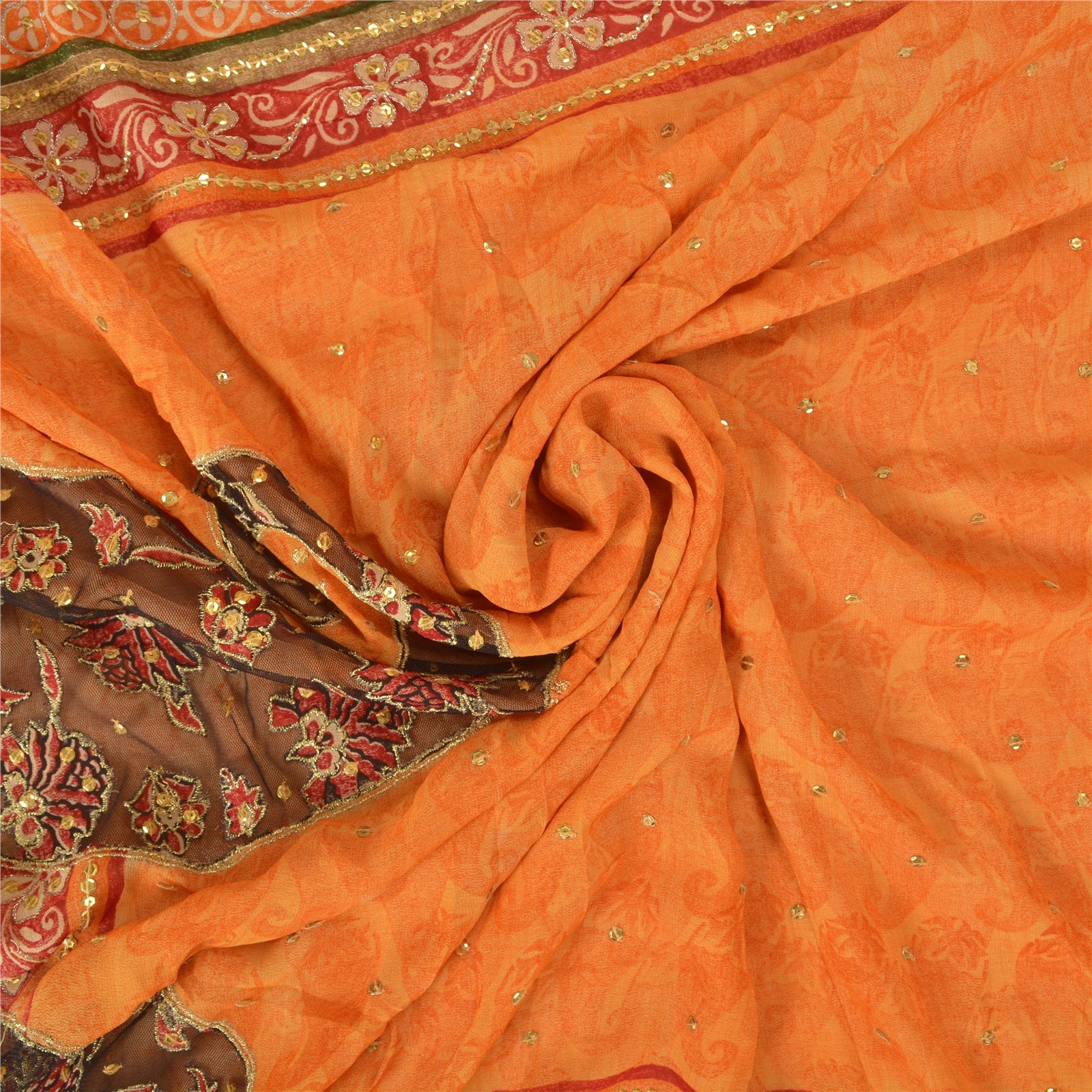Sanskriti Vintage Sarees Orange Håndperler Ren Georgette Silke Sari Håndværk Bæredygtigt Stof