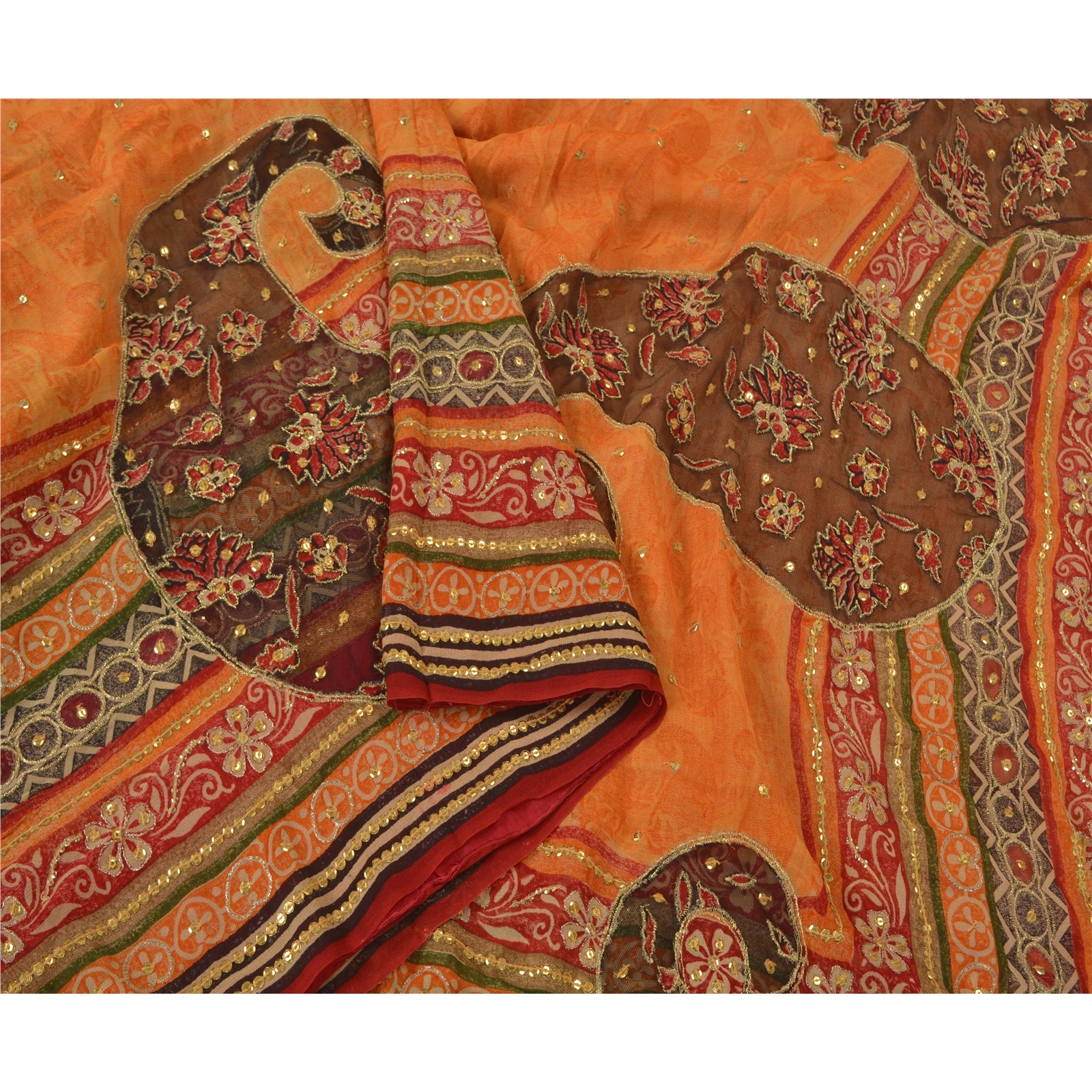 Sanskriti Vintage Sarees Orange Håndperler Ren Georgette Silke Sari Håndværk Bæredygtigt Stof