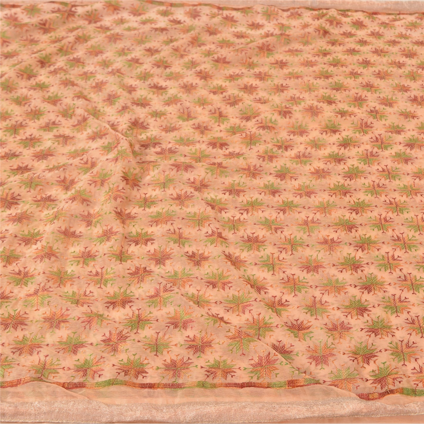 Sanskriti Vintage Peach Sarees Chiffon Embroidered Bagh Phulkari Sari Sustainable Fabric
