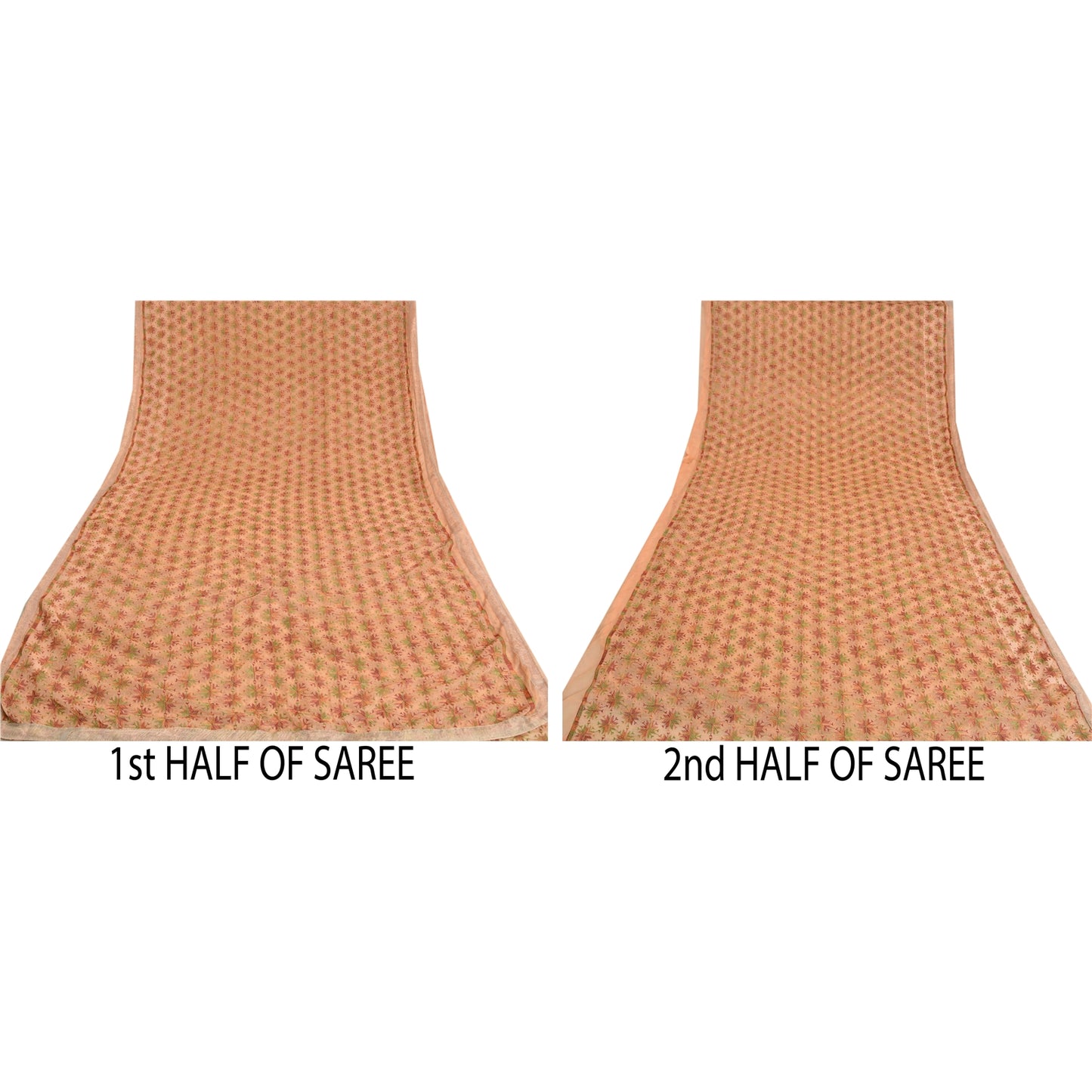 Sanskriti Vintage Peach Sarees Chiffon Embroidered Bagh Phulkari Sari Sustainable Fabric