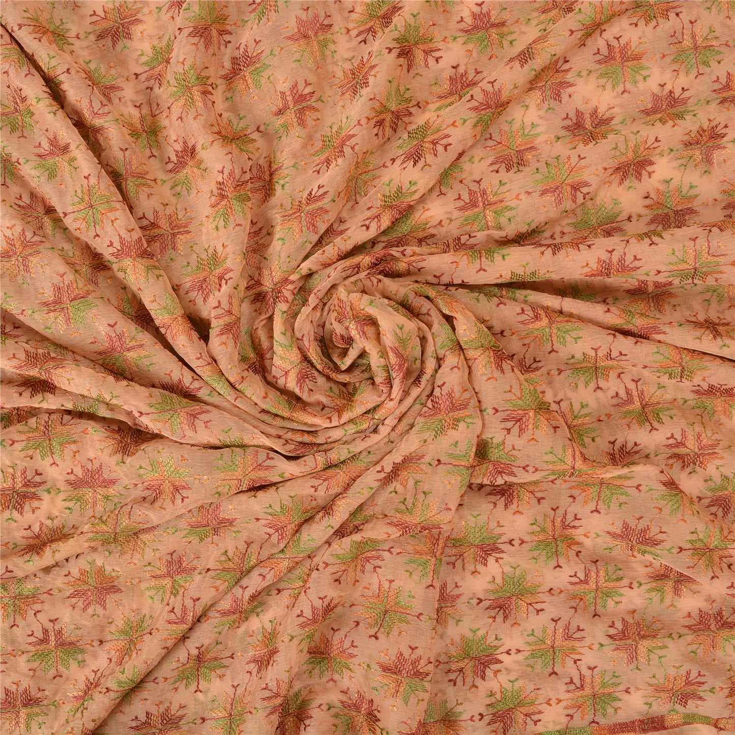 Sanskriti Vintage Peach Sarees Chiffon Embroidered Bagh Phulkari Sari Sustainable Fabric