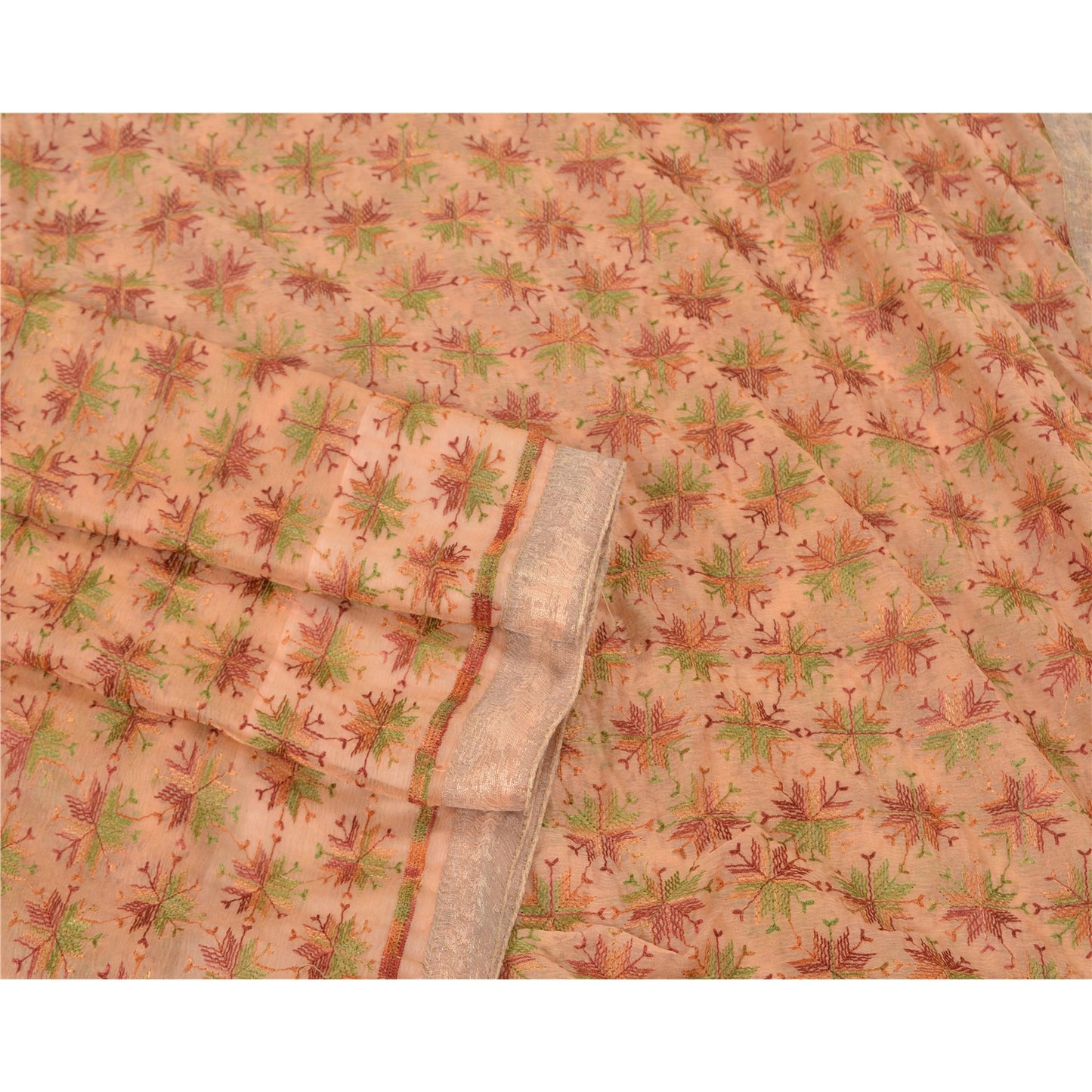 Sanskriti Vintage Peach Sarees Chiffon Embroidered Bagh Phulkari Sari Sustainable Fabric