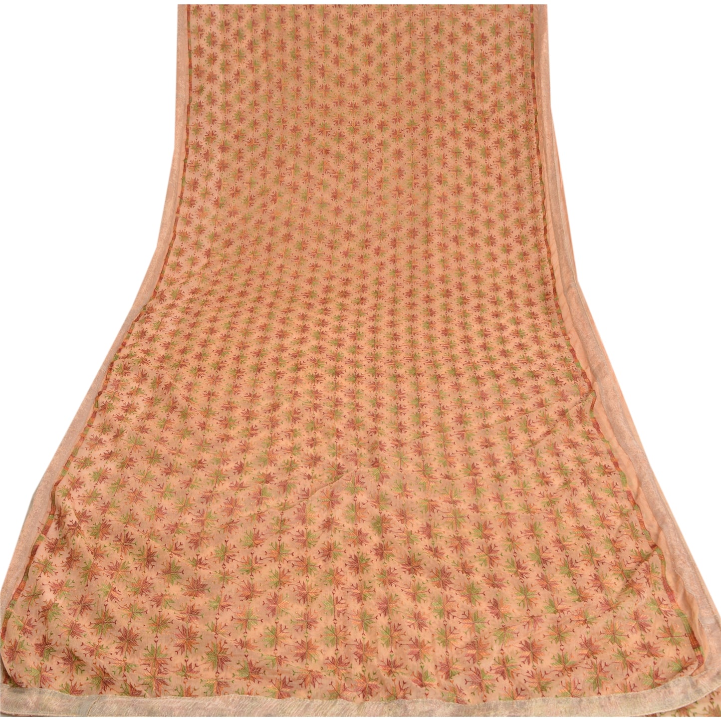 Sanskriti Vintage Peach Sarees Chiffon Embroidered Bagh Phulkari Sari Sustainable Fabric