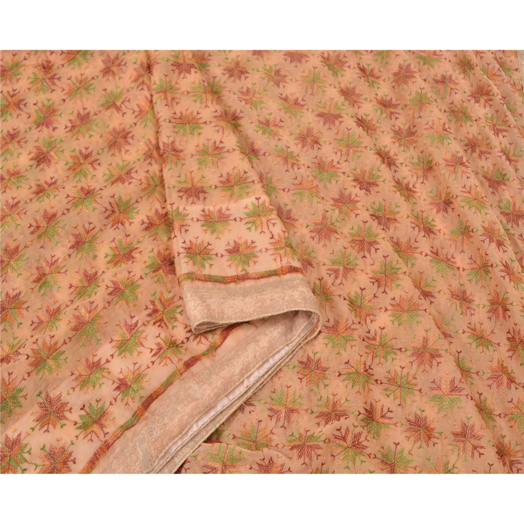 Sanskriti Vintage Peach Sarees Chiffon Embroidered Bagh Phulkari Sari Sustainable Fabric