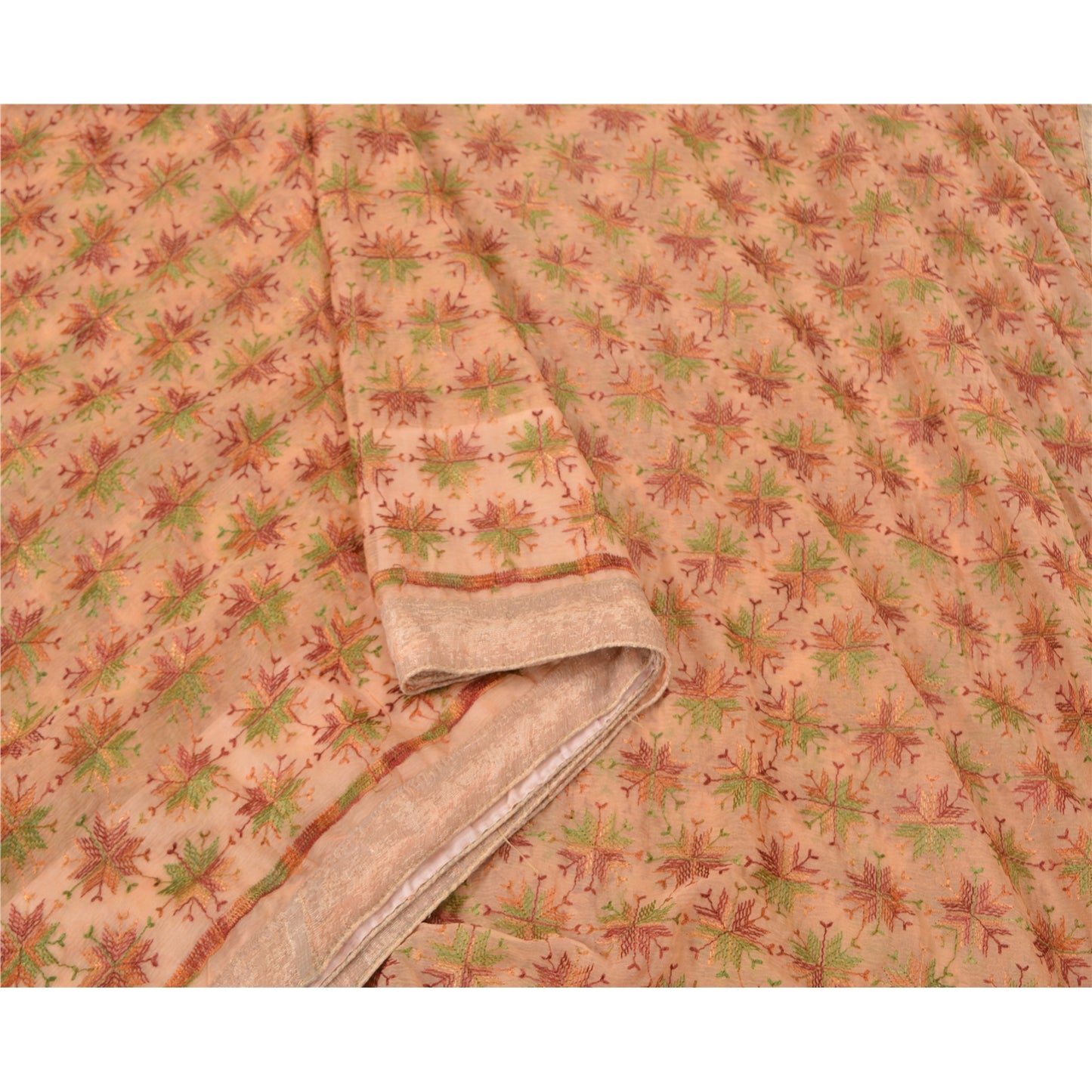 Sanskriti Vintage Peach Sarees Chiffon Embroidered Bagh Phulkari Sari Sustainable Fabric