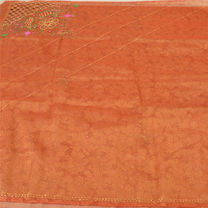 Sanskriti Vintage Golden Orange Sarees Tissue Hand Beaded Woven Sari Sustainable Fabric