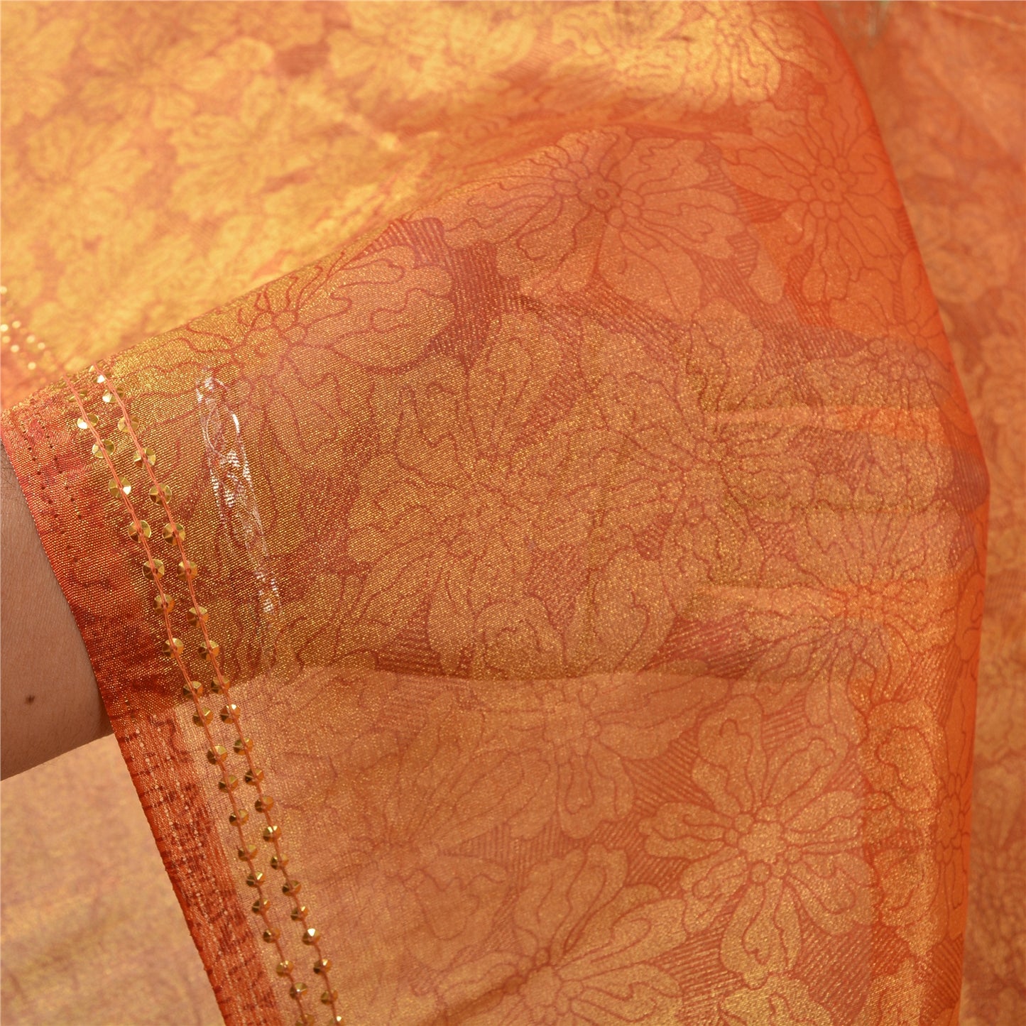 Sanskriti Vintage Golden Orange Sarees Tissue Hand Beaded Woven Sari Sustainable Fabric