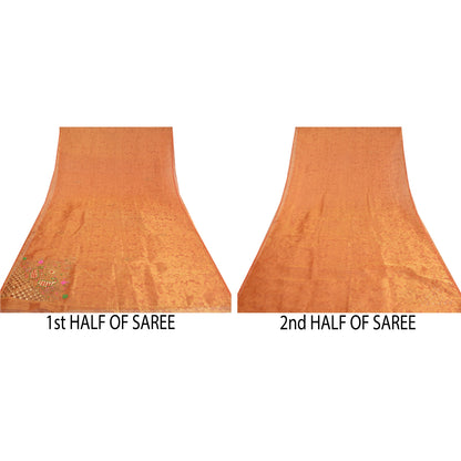 Sanskriti Vintage Golden Orange Sarees Tissue Hand Beaded Woven Sari Sustainable Fabric