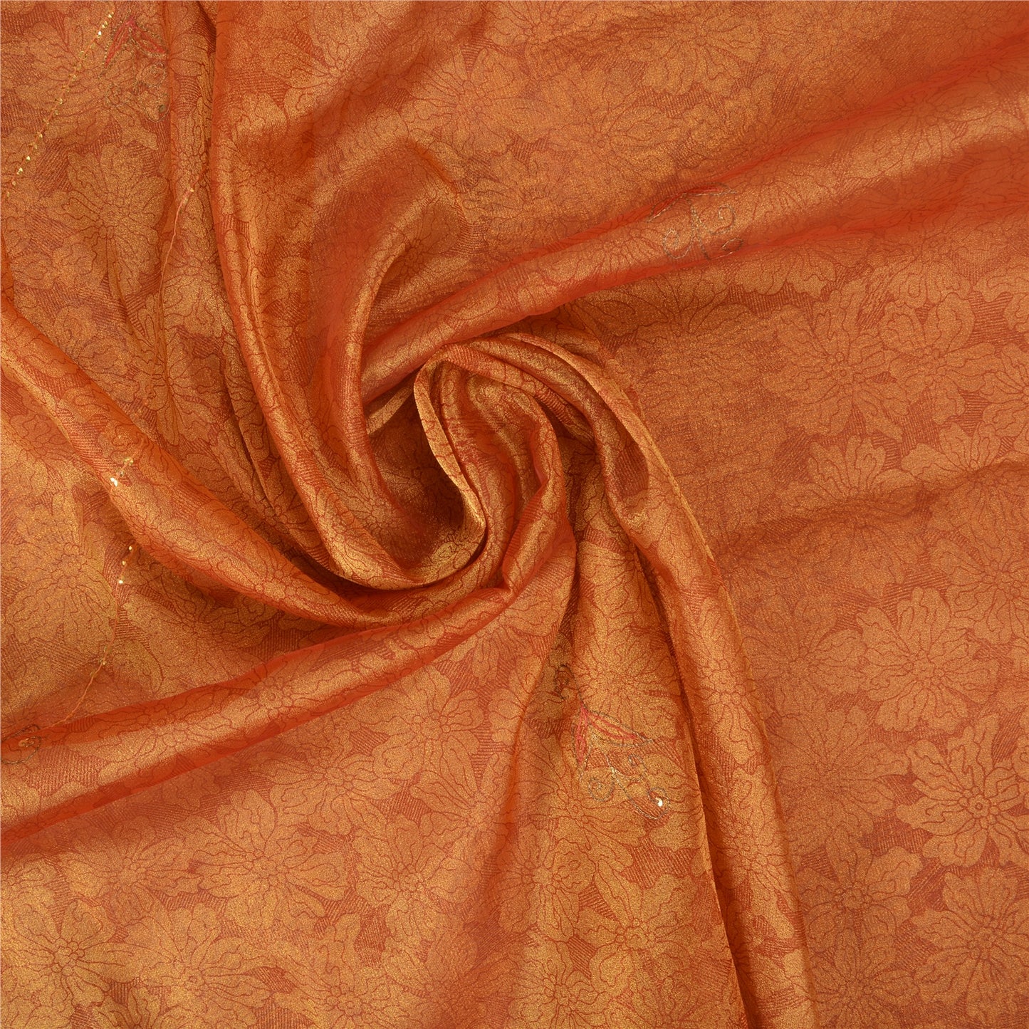 Sanskriti Vintage Golden Orange Sarees Tissue Hand Beaded Woven Sari Sustainable Fabric