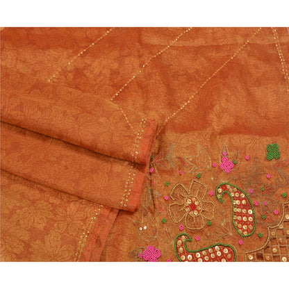 Sanskriti Vintage Golden Orange Sarees Tissue Hand Beaded Woven Sari Sustainable Fabric