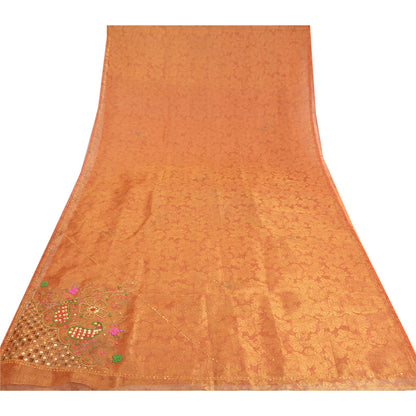 Sanskriti Vintage Golden Orange Sarees Tissue Hand Beaded Woven Sari Sustainable Fabric