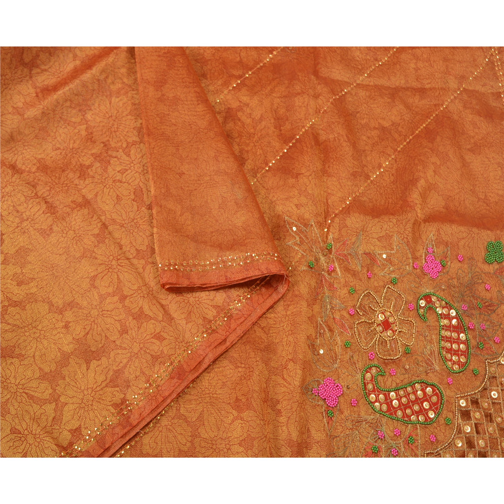 Sanskriti Vintage Golden Orange Sarees Tissue Hand Beaded Woven Sari Sustainable Fabric