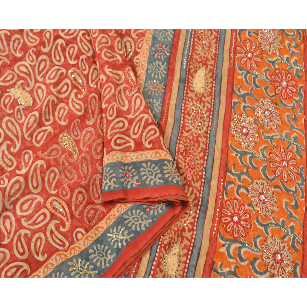 Сари из чистого шелка жоржет ручной работы из бисера на санскрите, сари из экологически чистой ткани