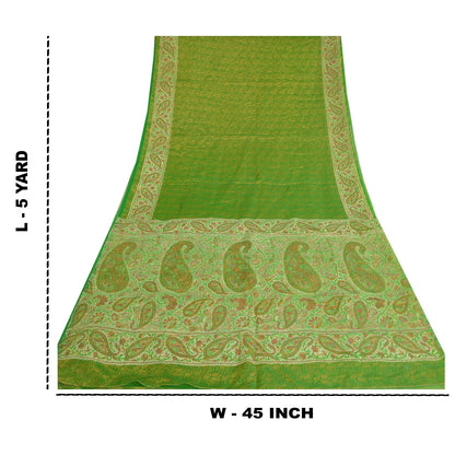 Sanskriti Vintage Green Indian Sarees Art Silk Woven Sari Craft 5 Yard Sustainable Fabric