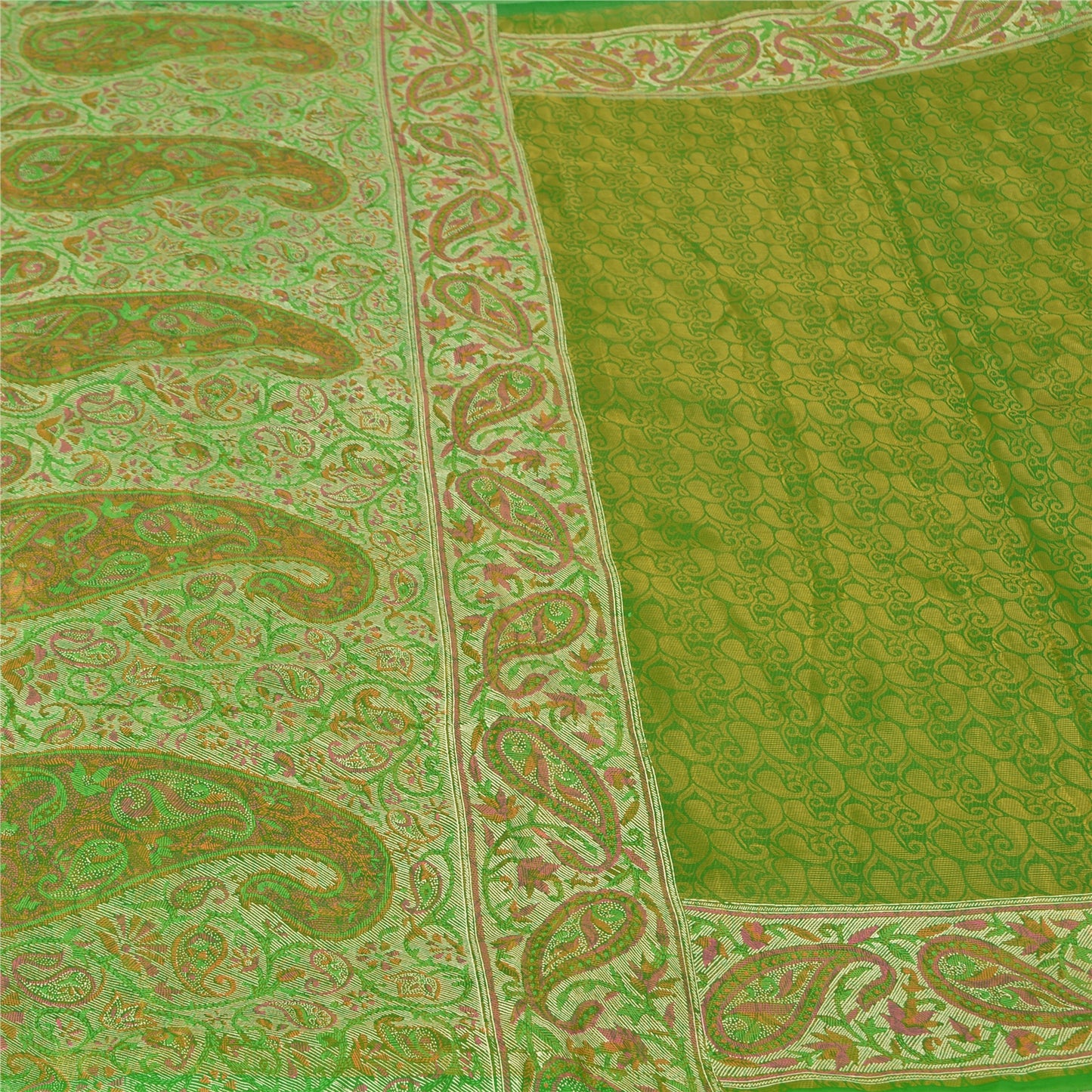 Sanskriti Vintage Green Indian Sarees Art Silk Woven Sari Craft 5 Yard Sustainable Fabric