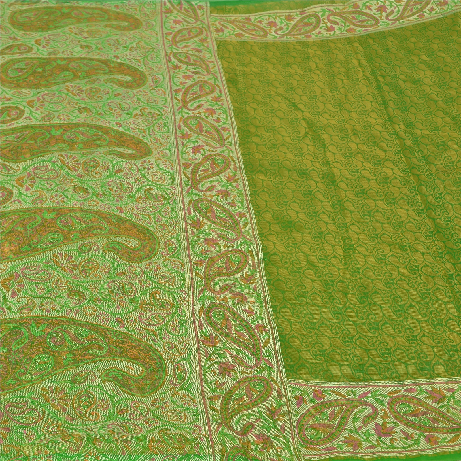 Sanskriti Vintage Grønne Indiske Sarier Kunstsilke Vævet Sari Håndværk 5 Yard Bæredygtigt Stof