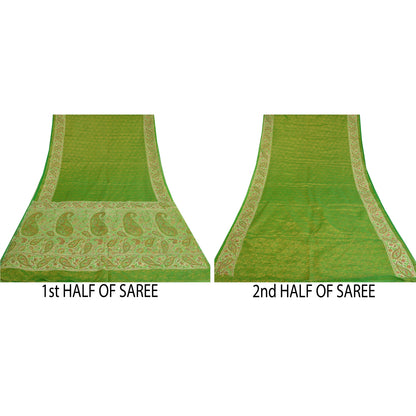 Sanskriti Vintage Green Indian Sarees Art Silk Woven Sari Craft 5 Yard Sustainable Fabric